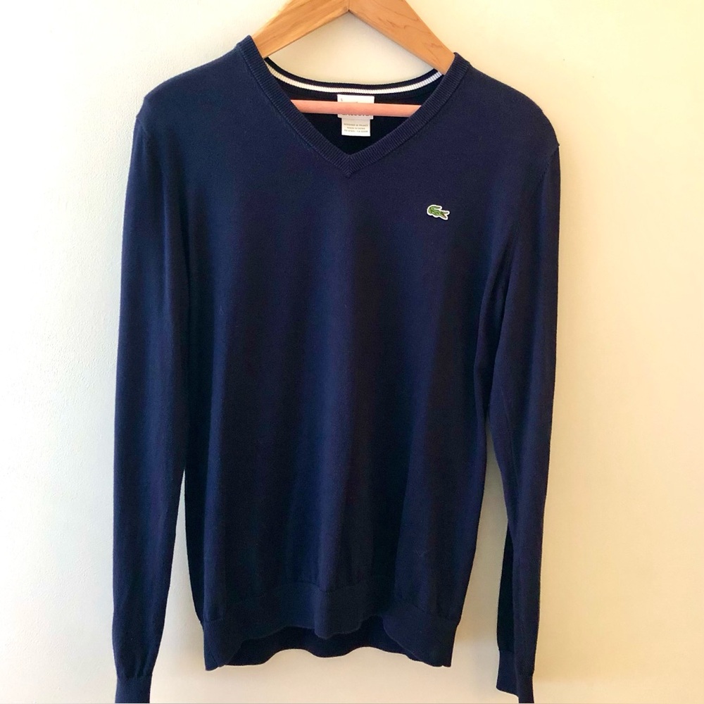 Lacoste Men's Dark Navy V-Neck Sweater with Croc Logo